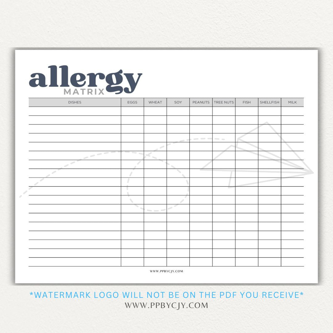 Restaurant Food Allergy Matrix Printable PDF Template for Menu Allergen Tracking