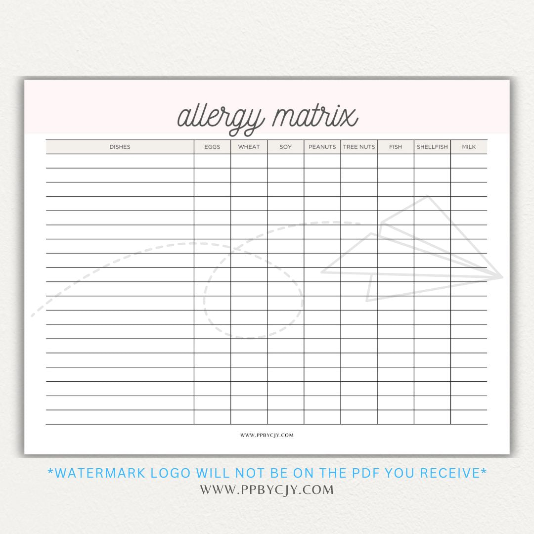 Restaurant Food Allergy Matrix Printable PDF Template for Menu Allergen Tracking