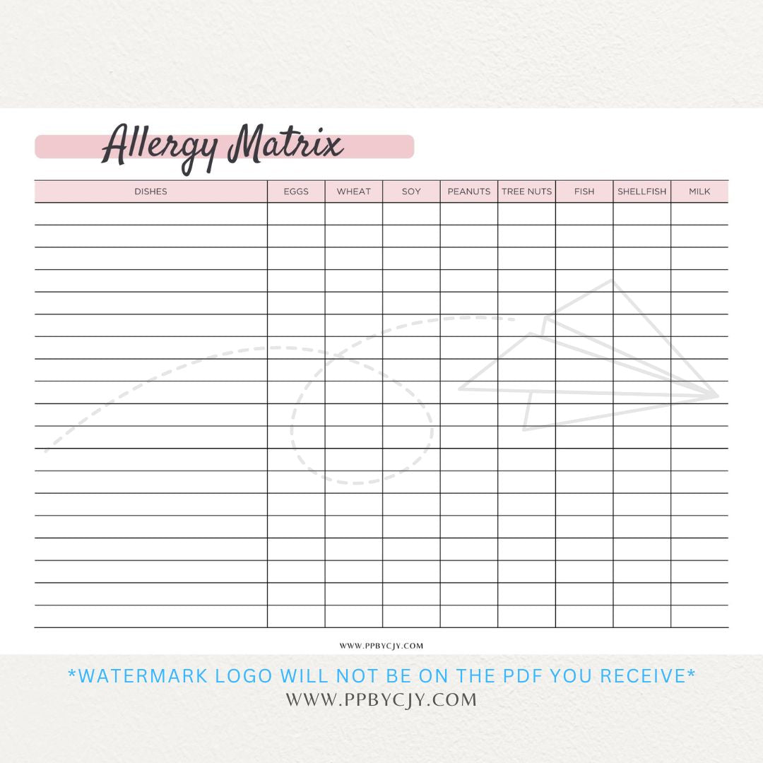 Restaurant Food Allergy Matrix Printable PDF Template for Menu Allergen Tracking