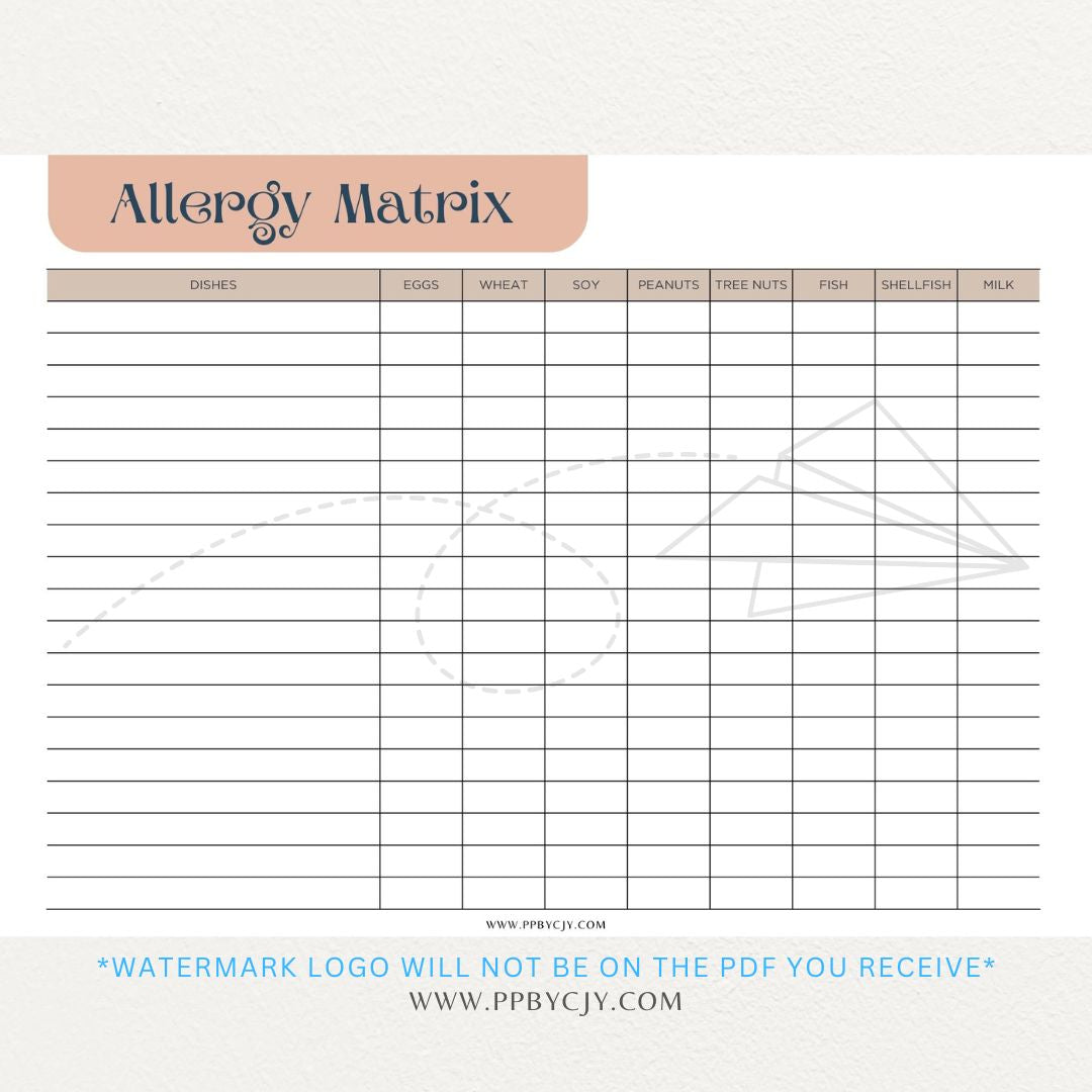 Restaurant Food Allergy Matrix Printable PDF Template for Menu Allergen Tracking