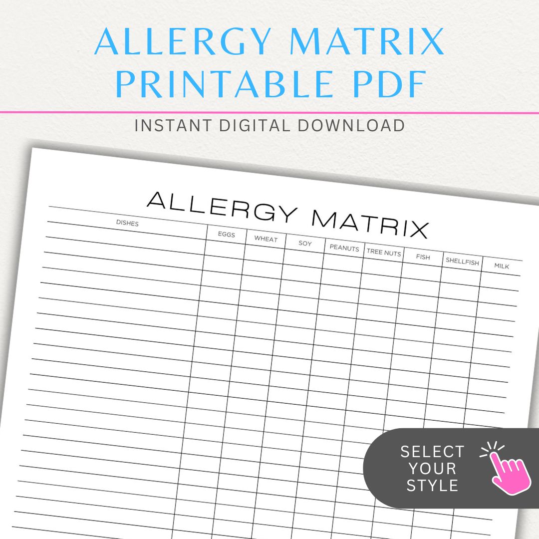 Restaurant Food Allergy Matrix Printable PDF Template for Menu Allergen Tracking