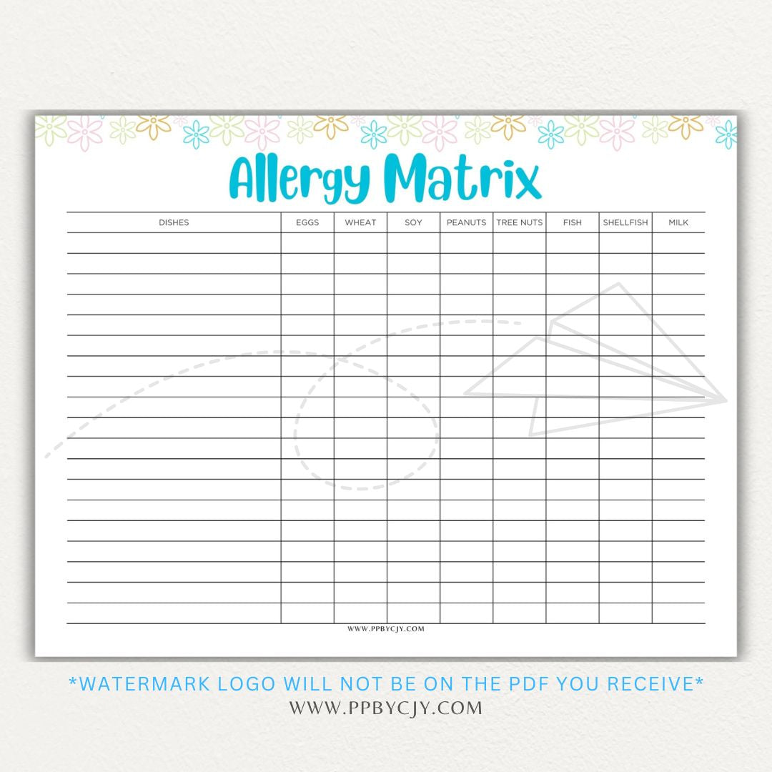 Restaurant Food Allergy Matrix Printable PDF Template for Menu Allergen Tracking