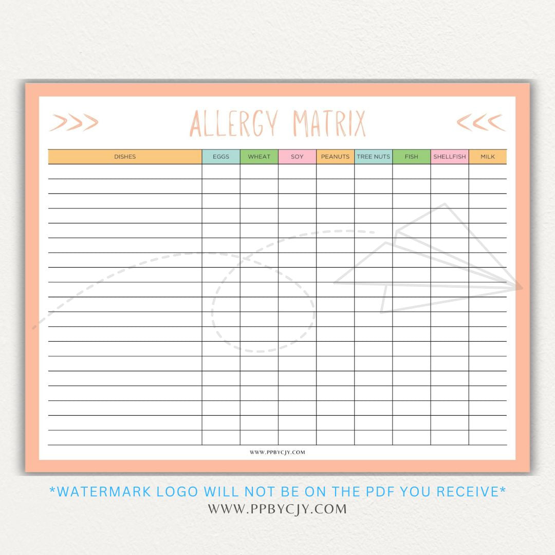 Restaurant Food Allergy Matrix Printable PDF Template for Menu Allergen Tracking