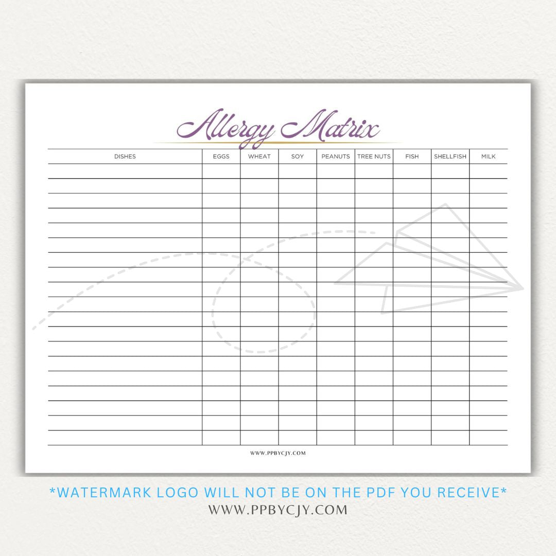 Restaurant Food Allergy Matrix Printable PDF Template for Menu Allergen Tracking