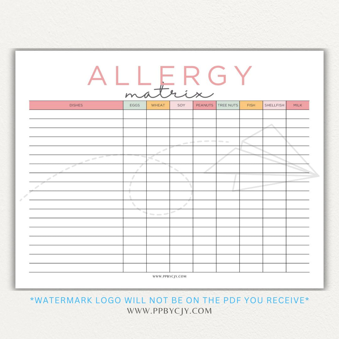 Restaurant Food Allergy Matrix Printable PDF Template for Menu Allergen Tracking