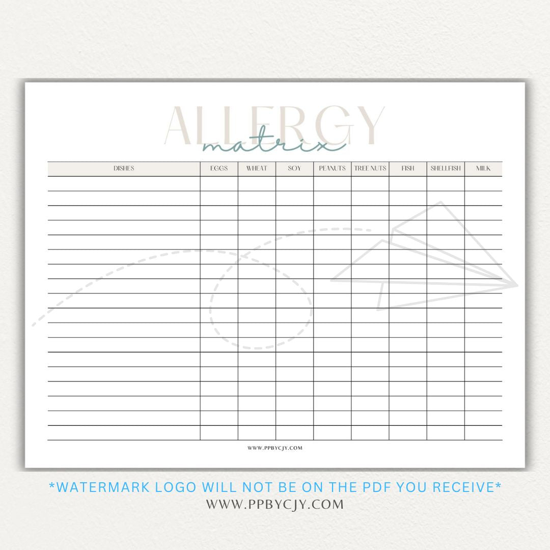 Restaurant Food Allergy Matrix Printable PDF Template for Menu Allergen Tracking