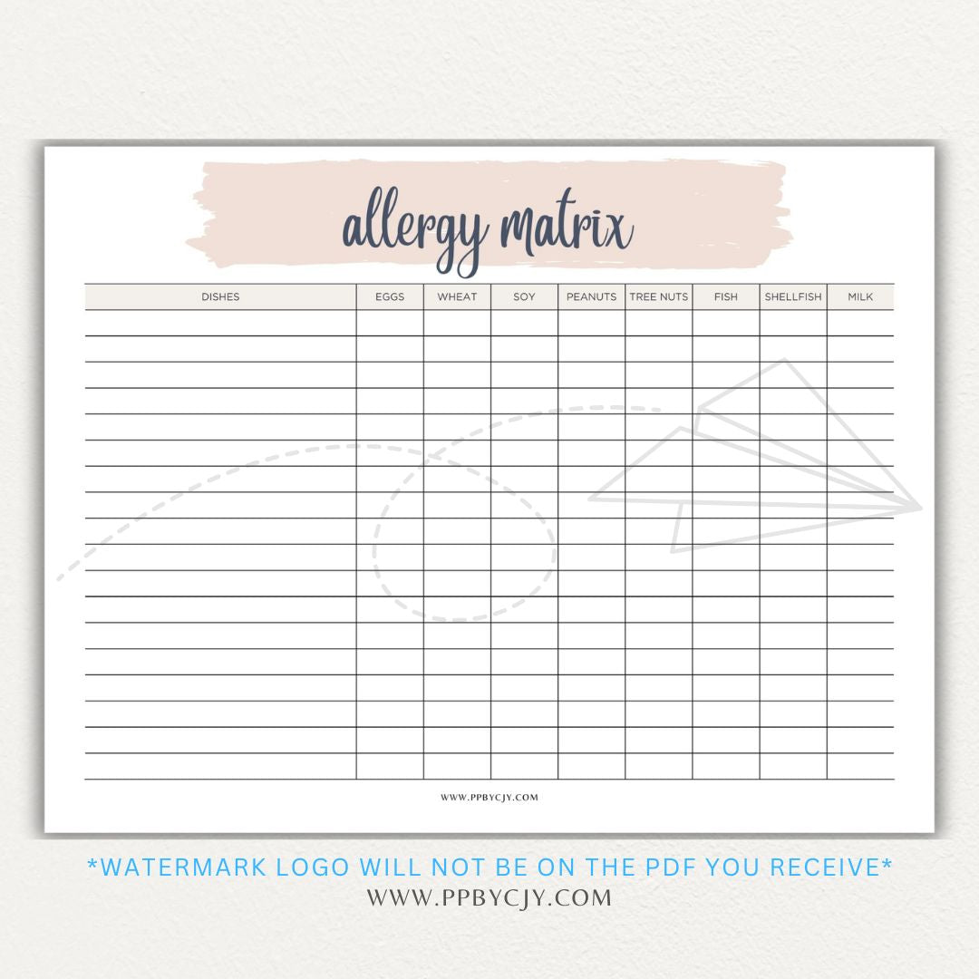 Restaurant Food Allergy Matrix Printable PDF Template for Menu Allergen Tracking