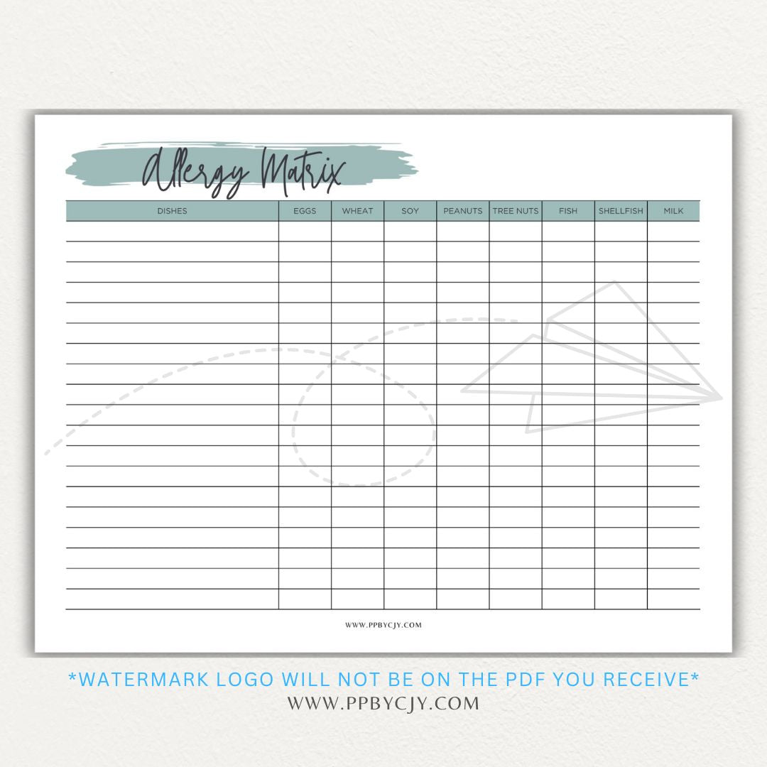 Restaurant Food Allergy Matrix Printable PDF Template for Menu Allergen Tracking