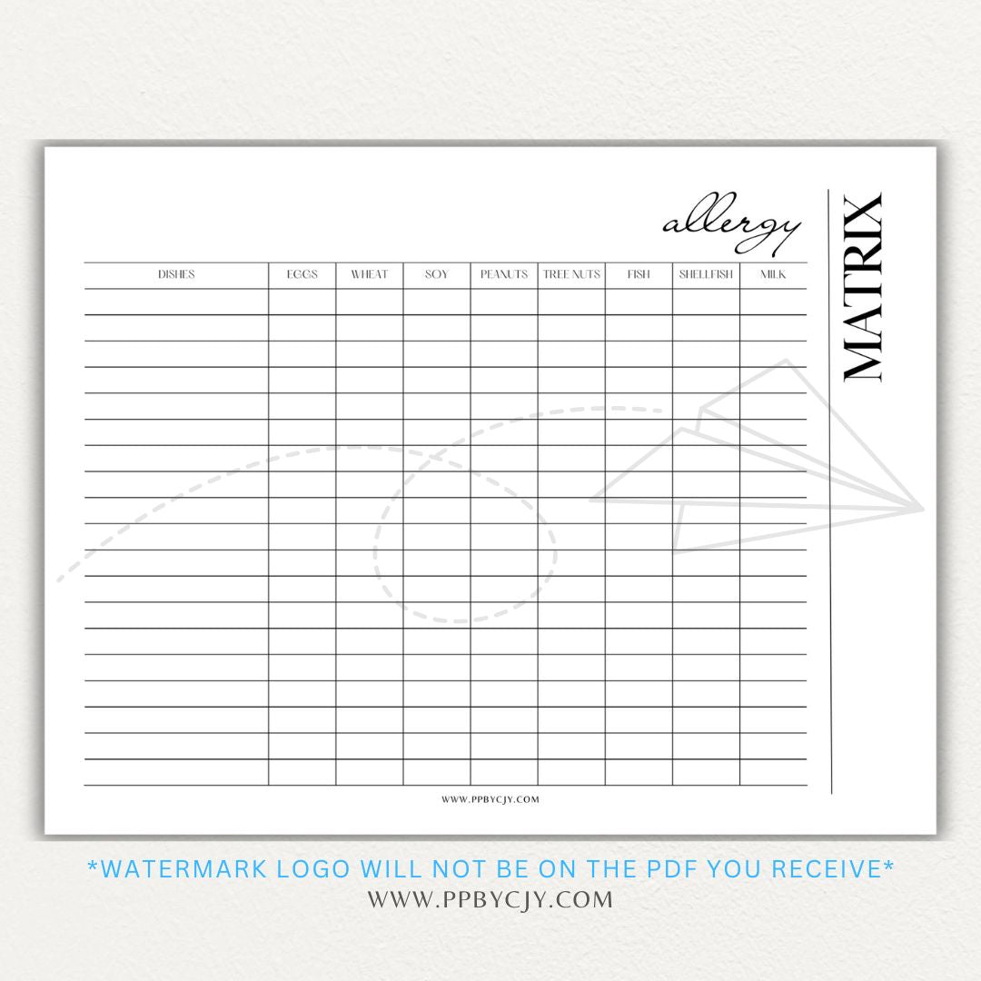 Restaurant Food Allergy Matrix Printable PDF Template for Menu Allergen Tracking