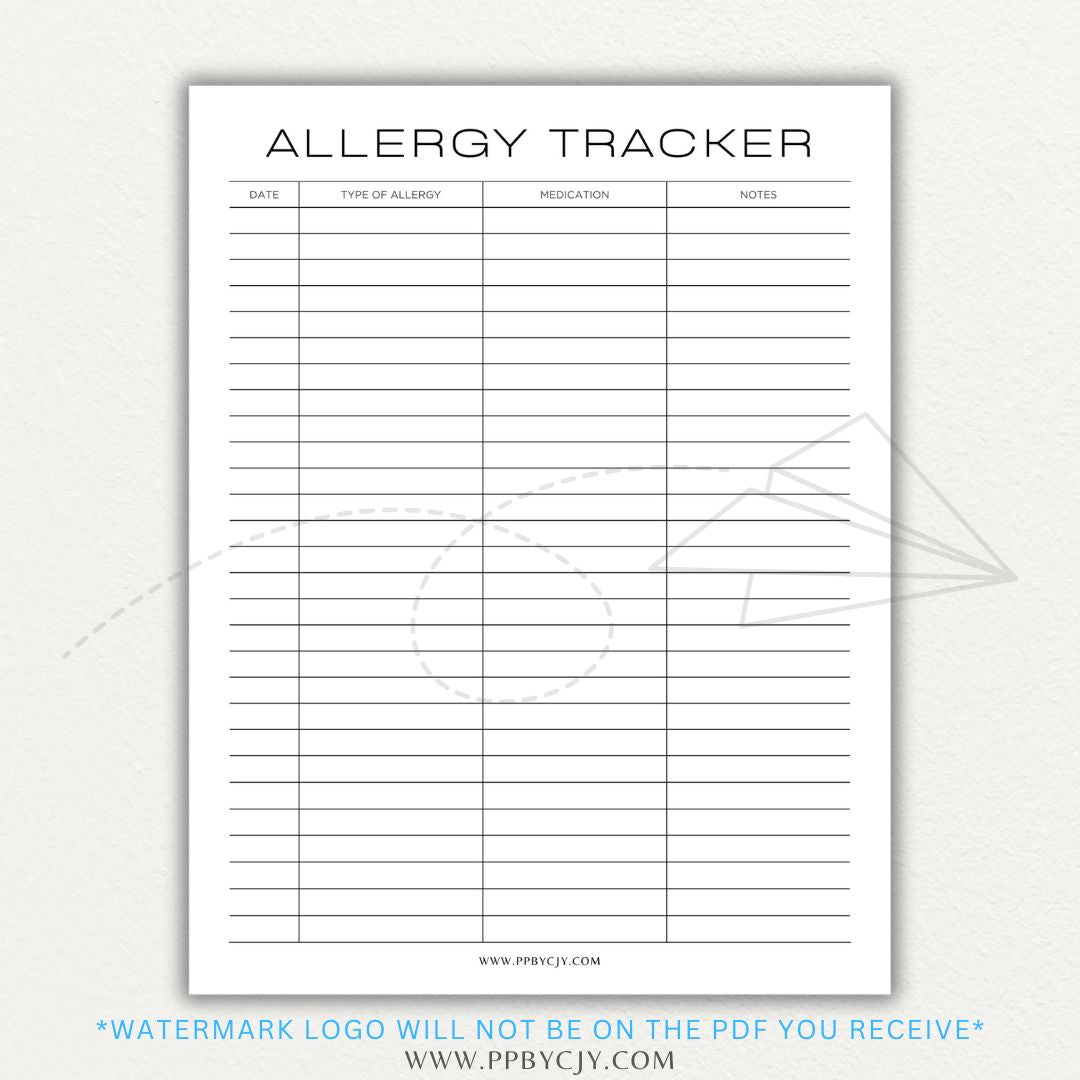 Allergy Tracker Printable PDF Template for Monitoring Symptoms and Triggers