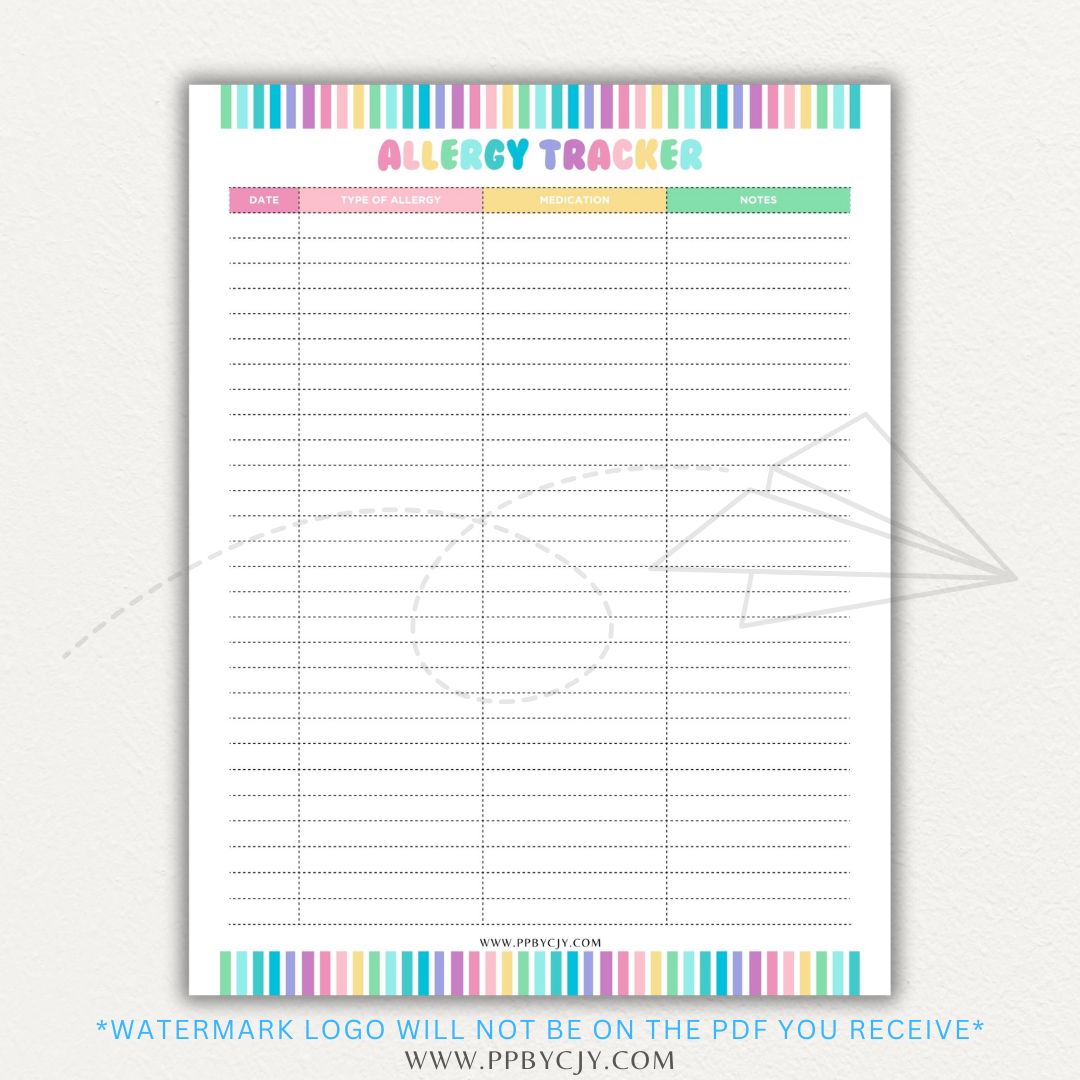Allergy Tracker Printable PDF Template for Monitoring Symptoms and Triggers