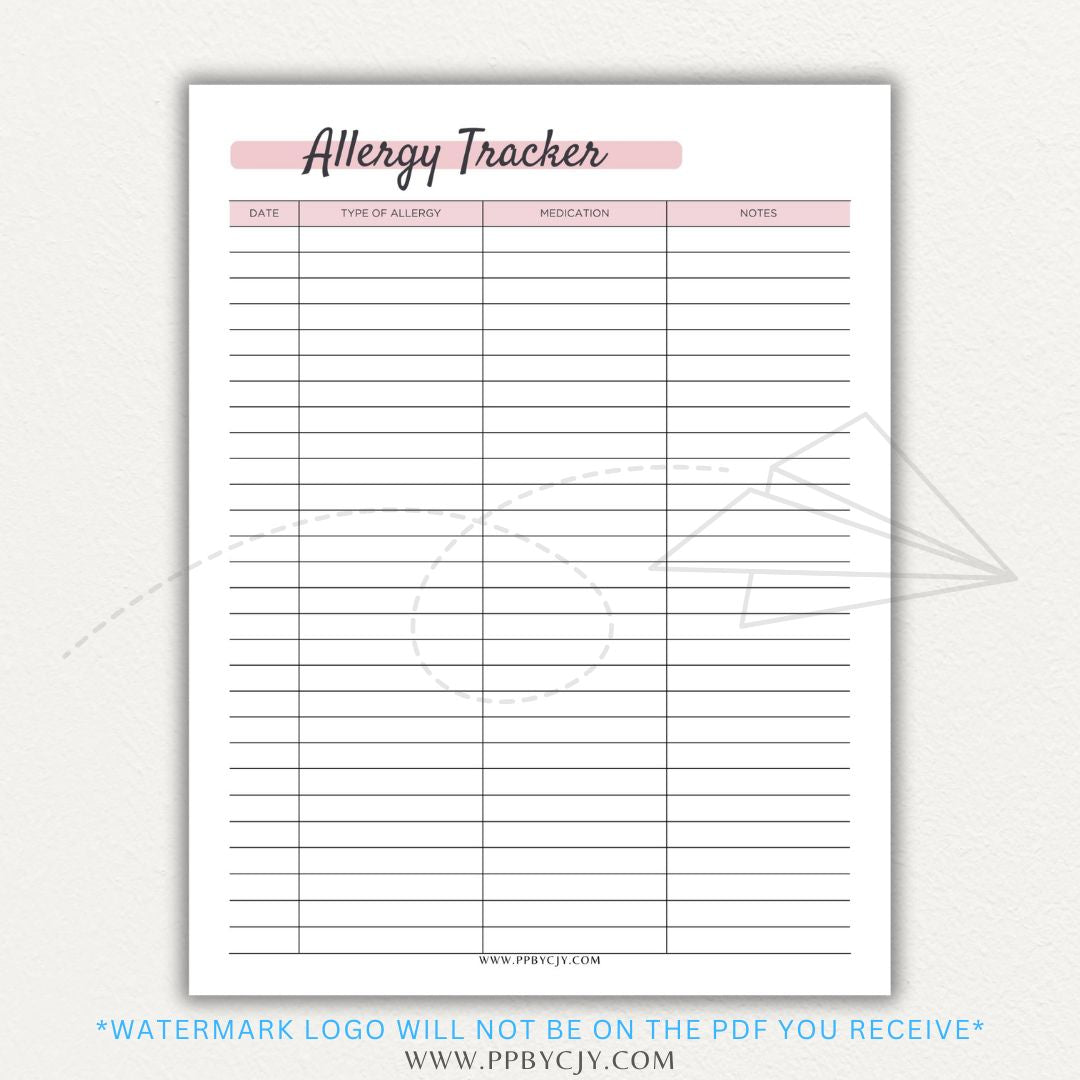 Allergy Tracker Printable PDF Template for Monitoring Symptoms and Triggers