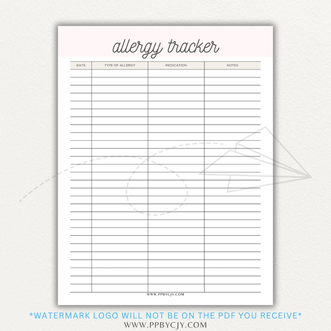 Allergy Tracker Printable PDF Template for Monitoring Symptoms and Triggers