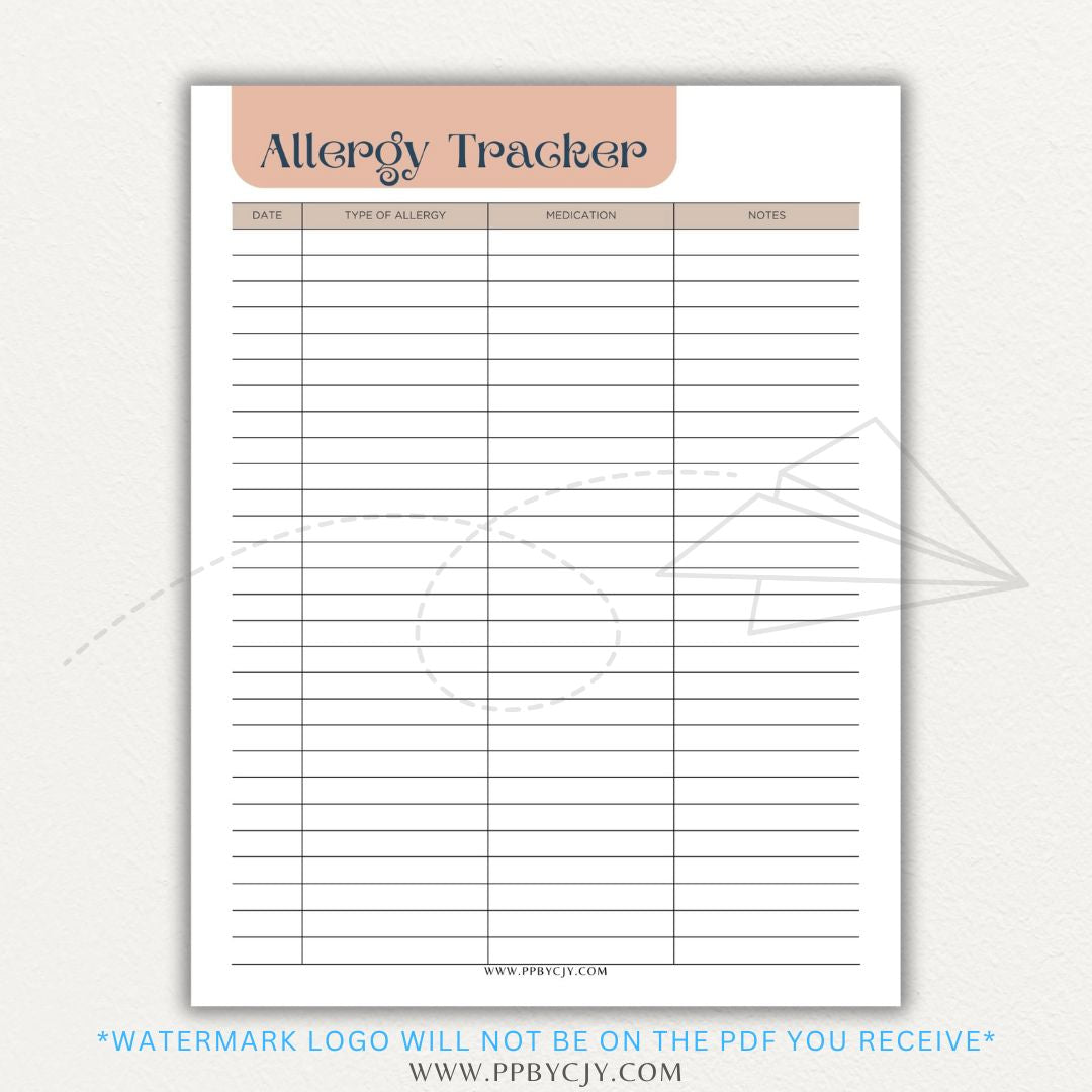 Allergy Tracker Printable PDF Template for Monitoring Symptoms and Triggers