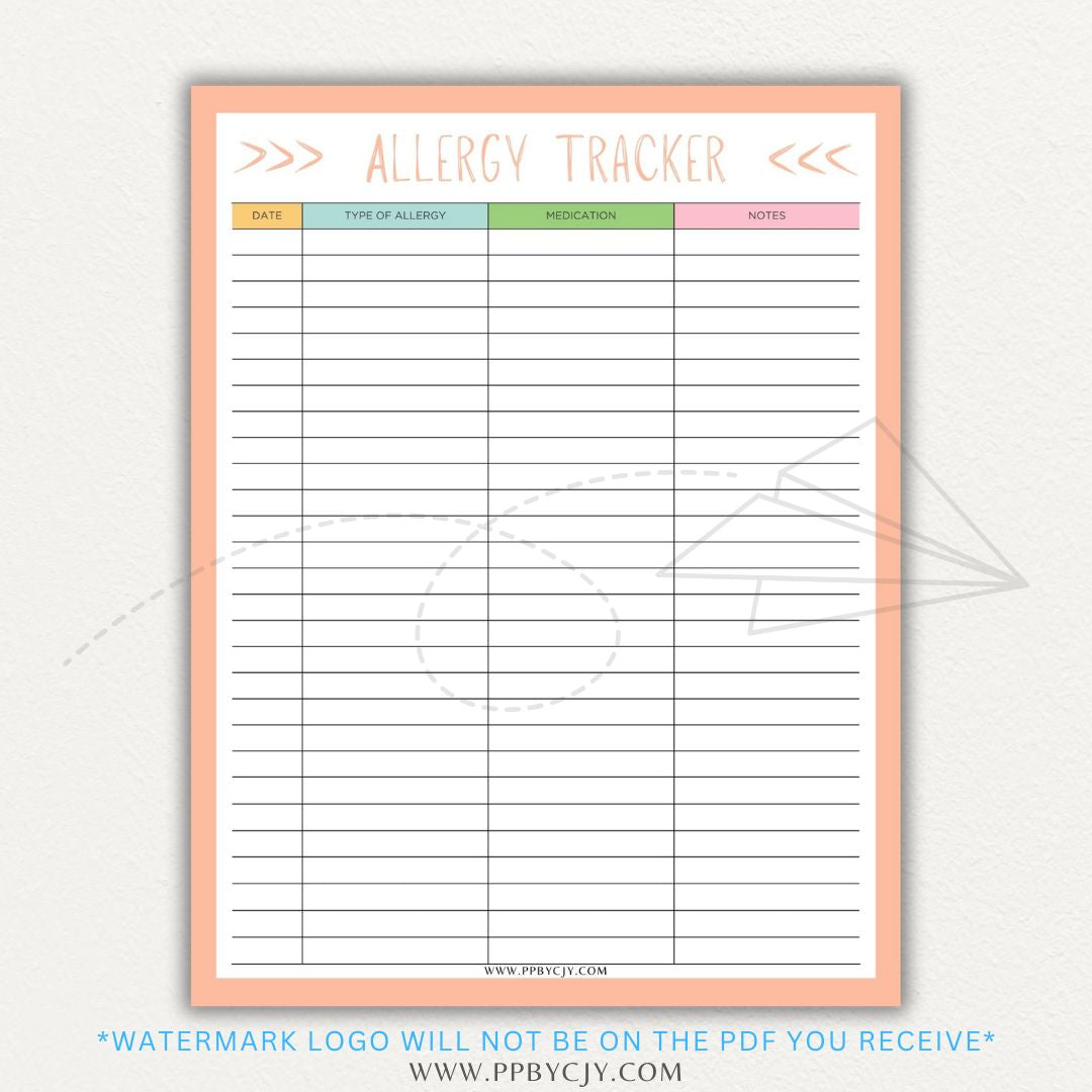 Allergy Tracker Printable PDF Template for Monitoring Symptoms and Triggers