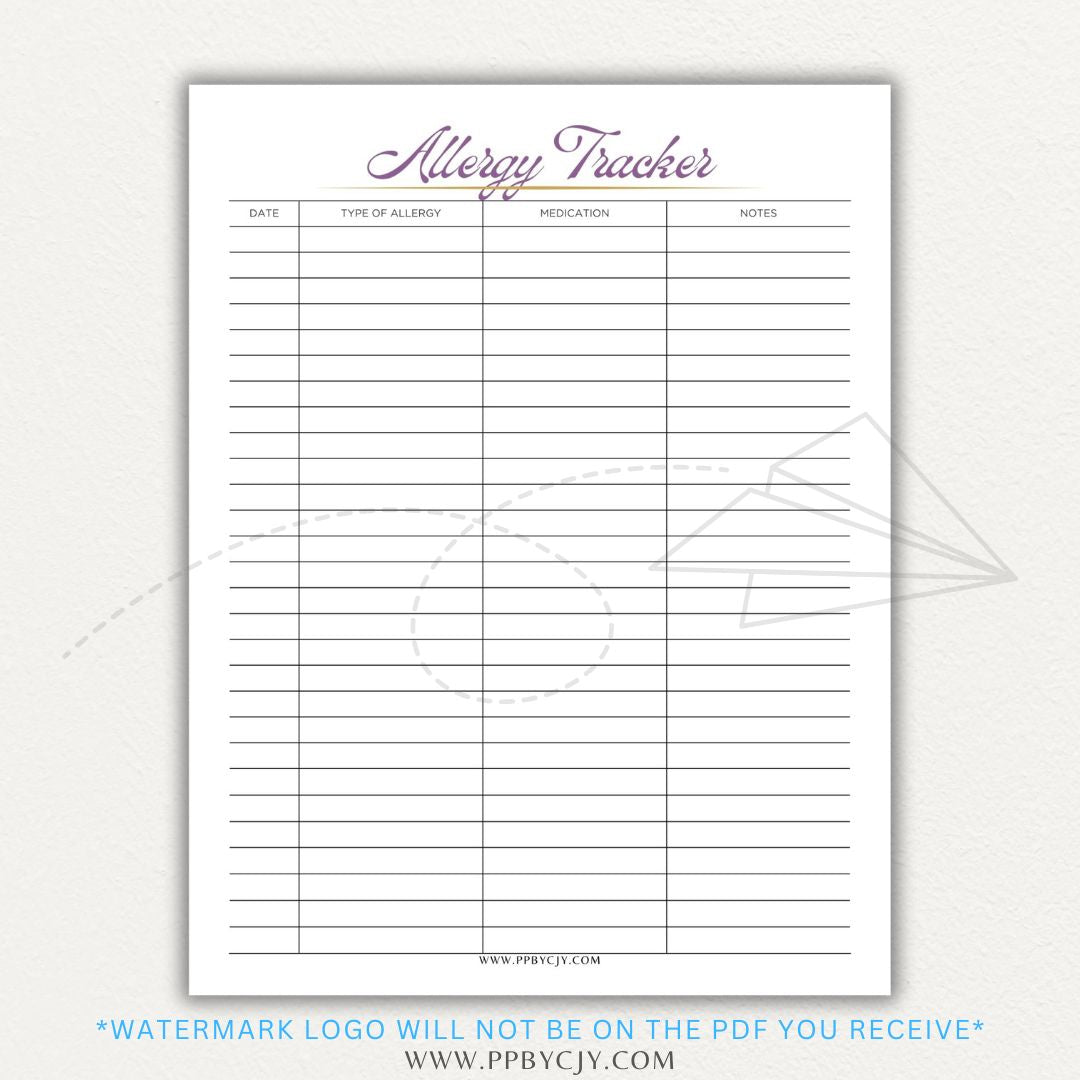Allergy Tracker Printable PDF Template for Monitoring Symptoms and Triggers