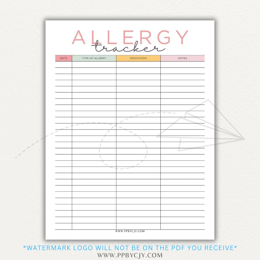 Allergy Tracker Printable PDF Template for Monitoring Symptoms and Triggers