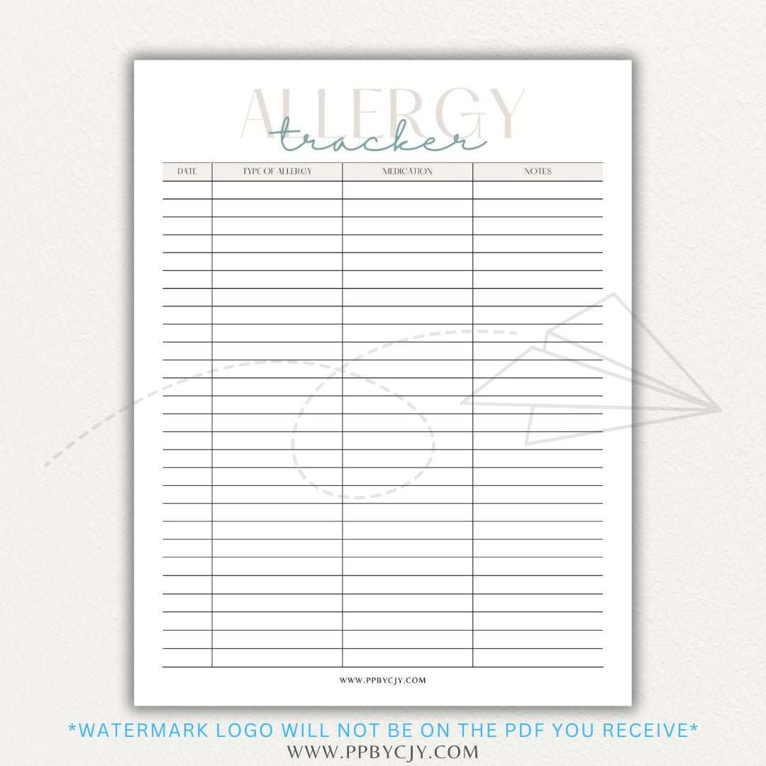 Allergy Tracker Printable PDF Template for Monitoring Symptoms and Triggers