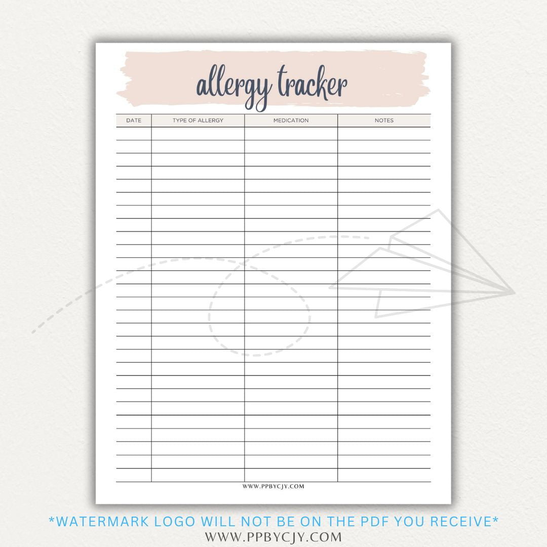Allergy Tracker Printable PDF Template for Monitoring Symptoms and Triggers