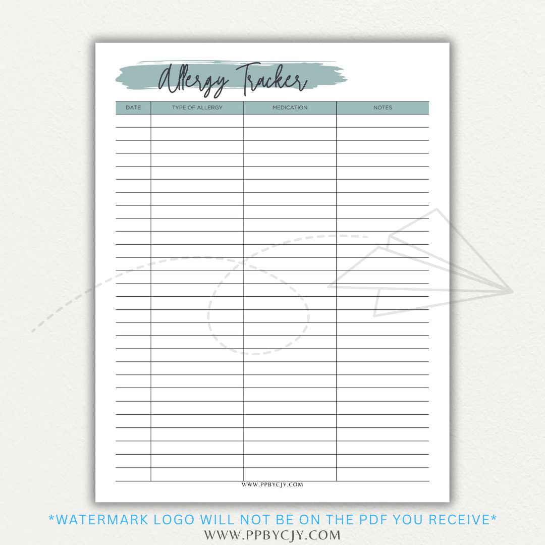Allergy Tracker Printable PDF Template for Monitoring Symptoms and Triggers