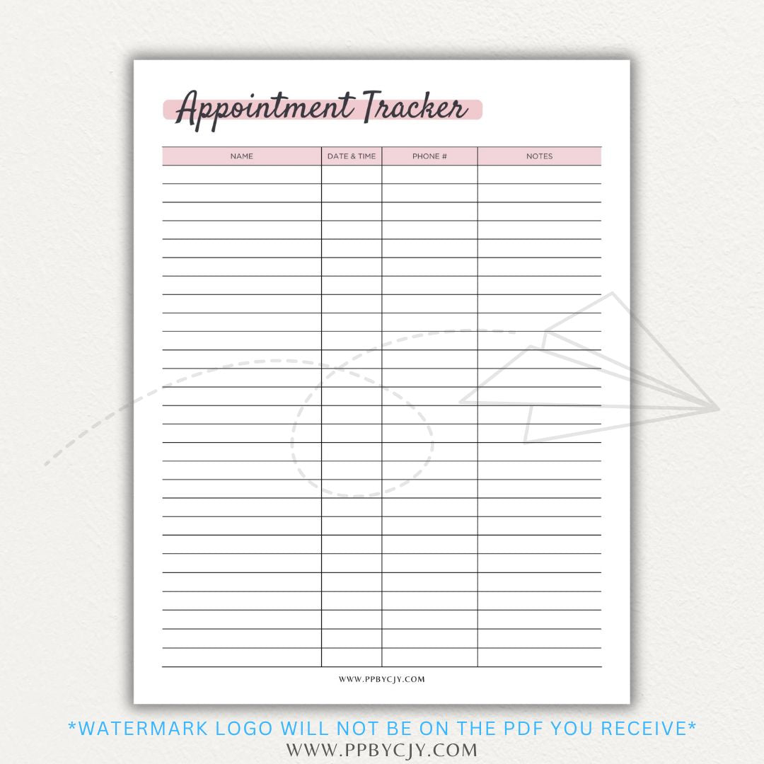 Appointment Calendar Tracker Printable PDF Template for Organizing Dates and Times