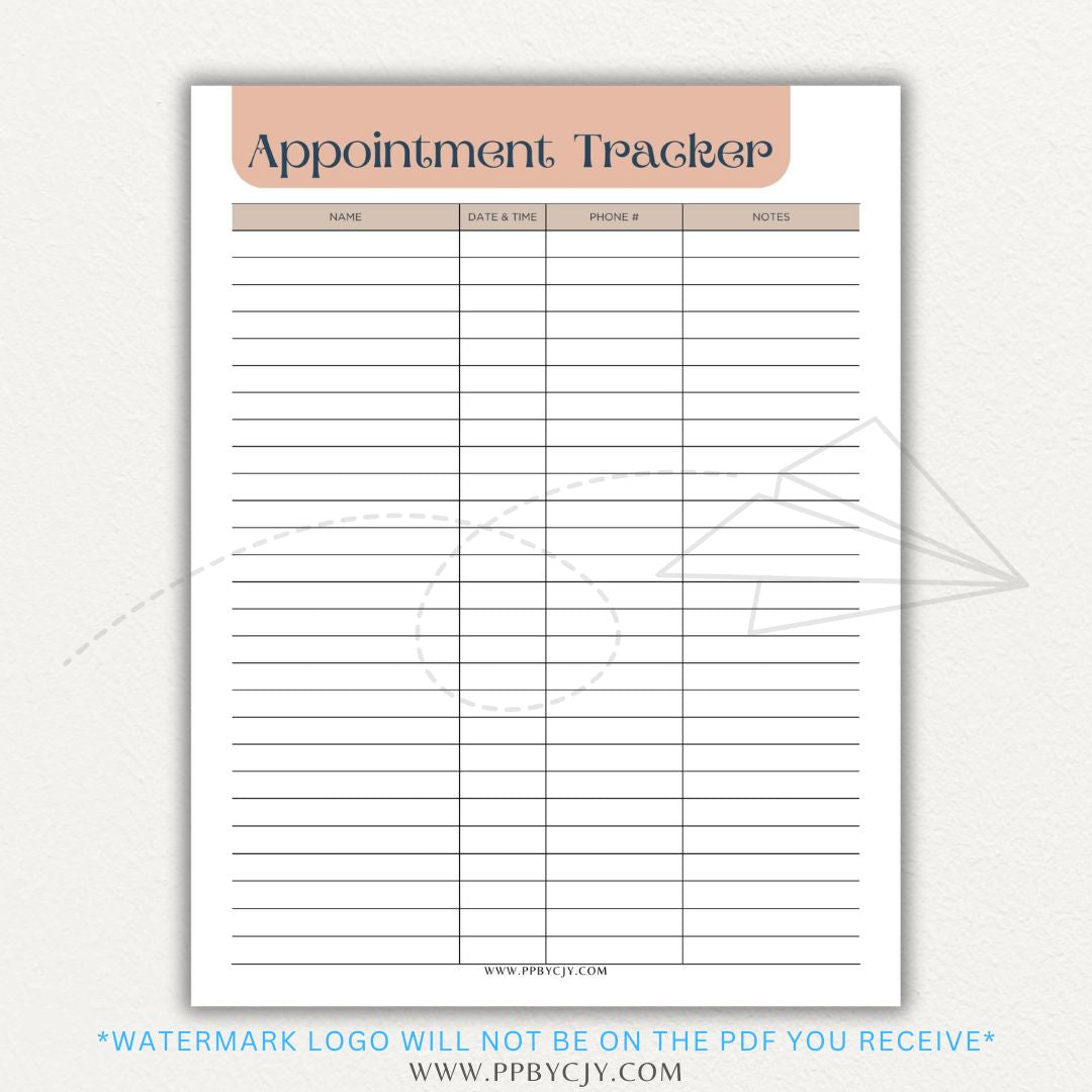 Appointment Calendar Tracker Printable PDF Template for Organizing Dates and Times