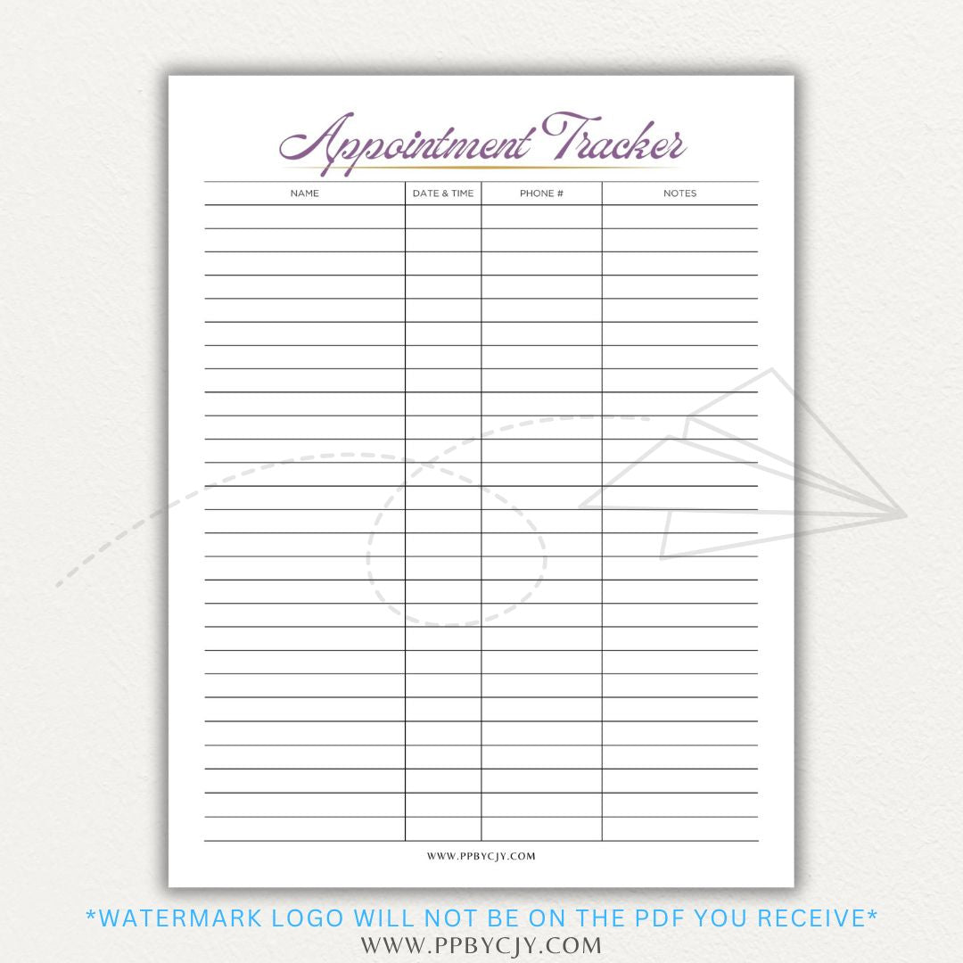 Appointment Calendar Tracker Printable PDF Template for Organizing Dates and Times