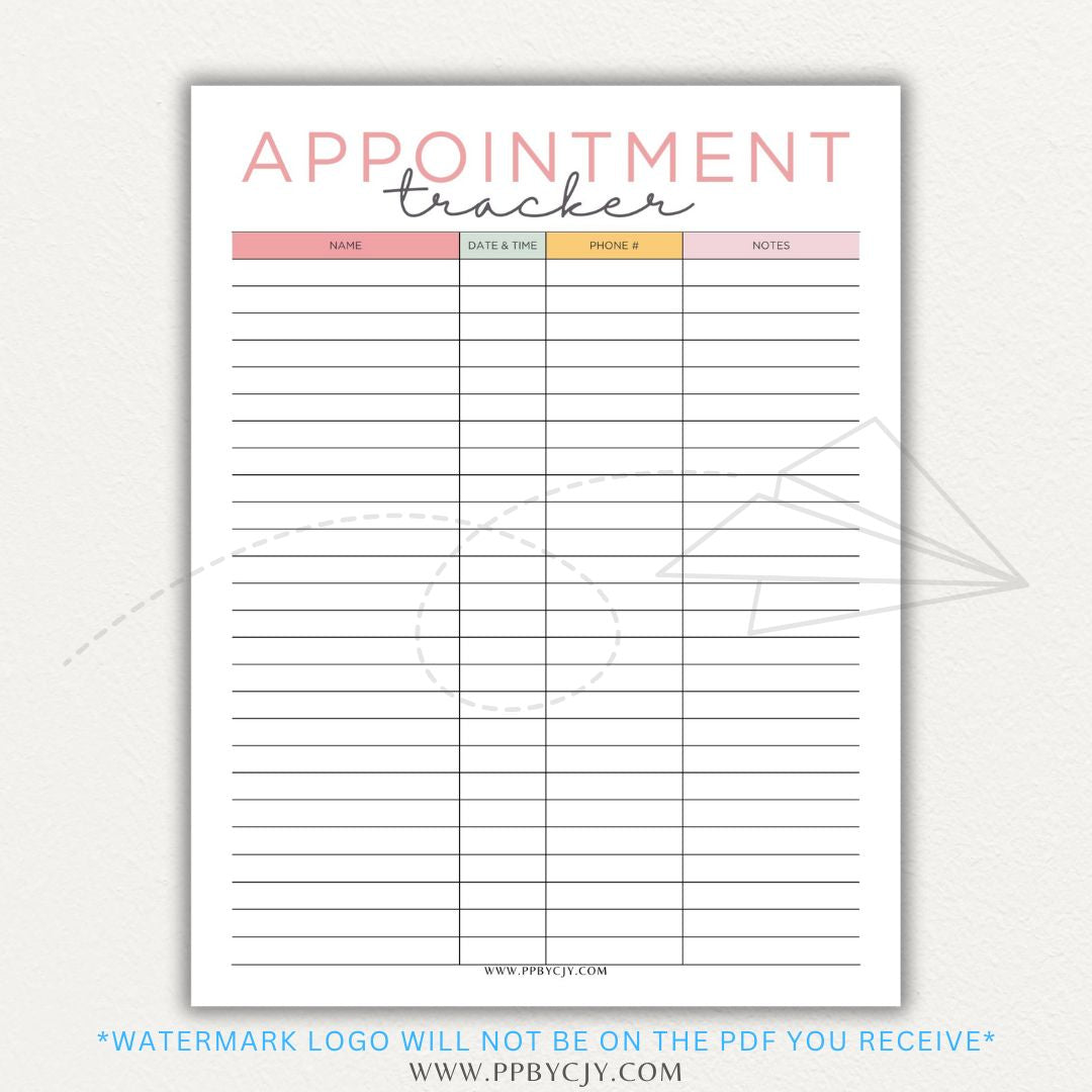 Appointment Calendar Tracker Printable PDF Template for Organizing Dates and Times