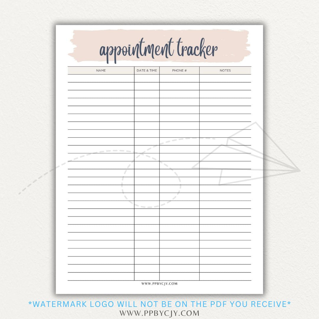 Appointment Calendar Tracker Printable PDF Template for Organizing Dates and Times