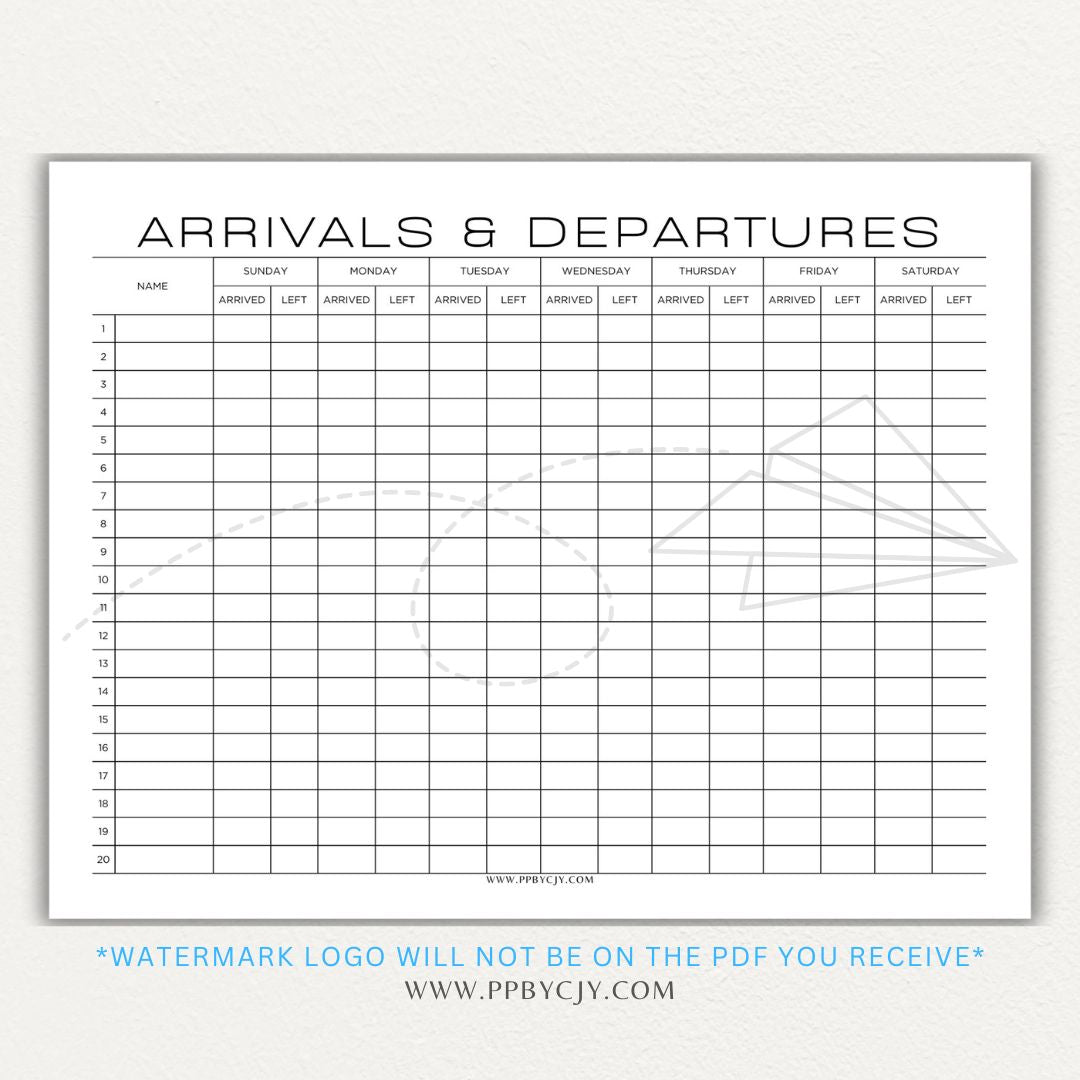 Arrival & Departure Printable PDF Template for Tracking Check-In and Check-Out Times