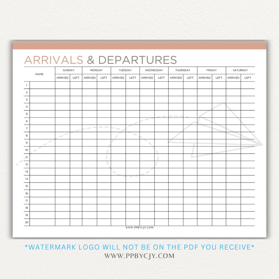 Arrival & Departure Printable PDF Template for Tracking Check-In and Check-Out Times