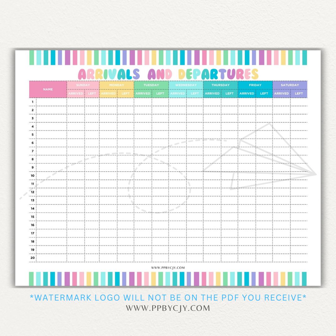 Arrival & Departure Printable PDF Template for Tracking Check-In and Check-Out Times