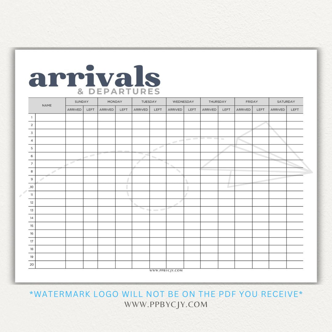 Arrival & Departure Printable PDF Template for Tracking Check-In and Check-Out Times