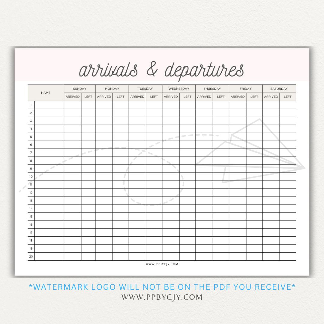 Arrival & Departure Printable PDF Template for Tracking Check-In and Check-Out Times