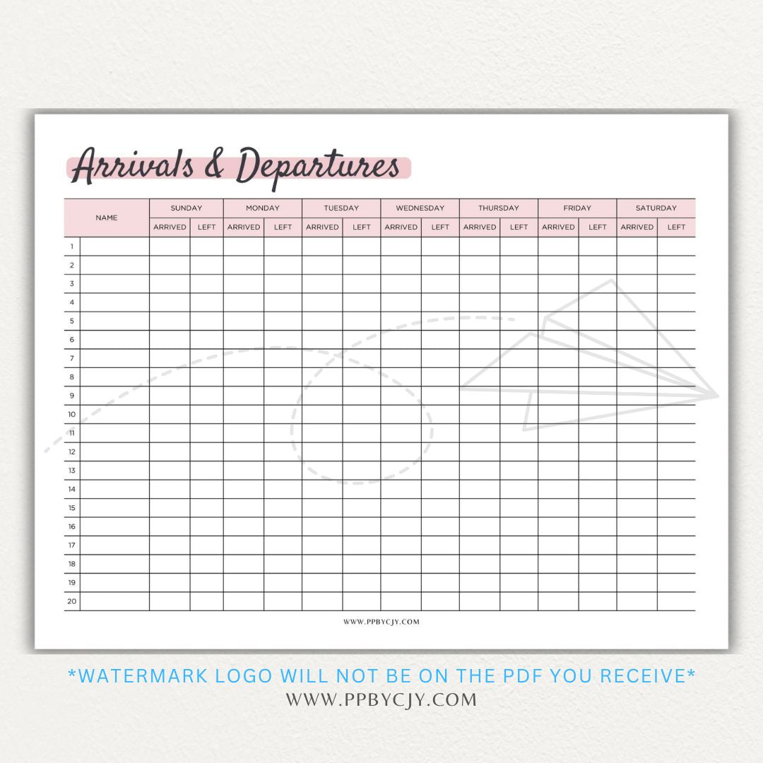Arrival & Departure Printable PDF Template for Tracking Check-In and Check-Out Times
