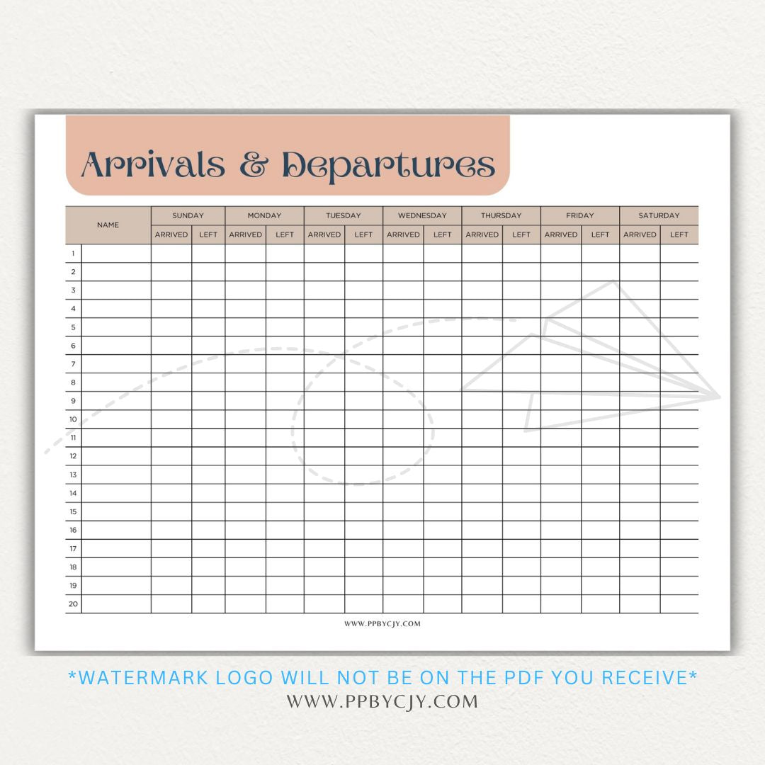Arrival & Departure Printable PDF Template for Tracking Check-In and Check-Out Times