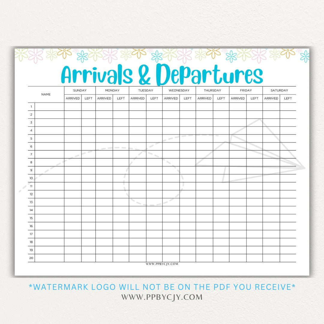 Arrival & Departure Printable PDF Template for Tracking Check-In and Check-Out Times