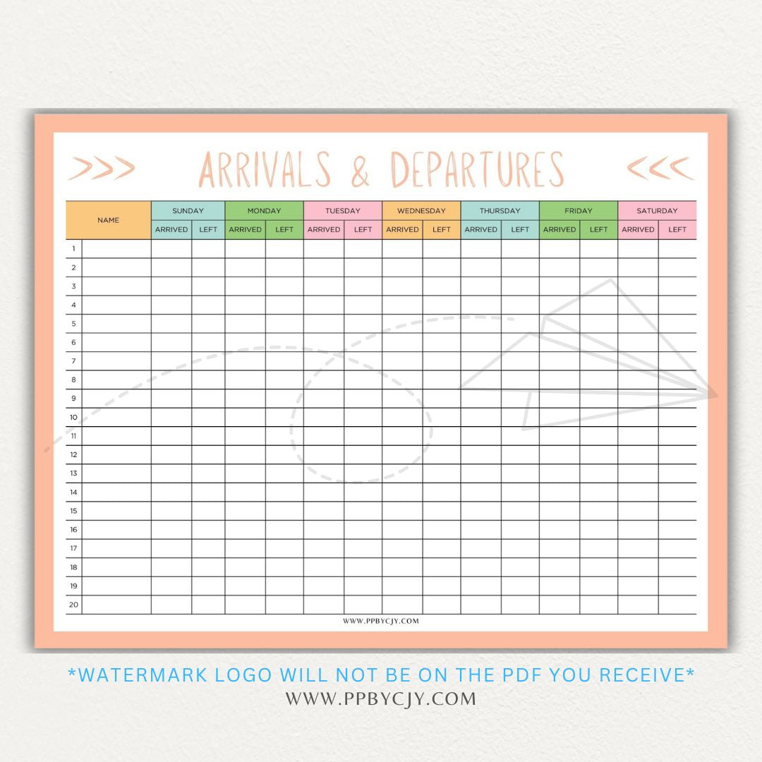 Arrival & Departure Printable PDF Template for Tracking Check-In and Check-Out Times