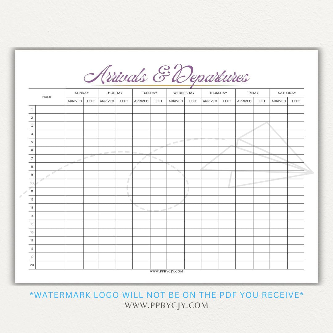 Arrival & Departure Printable PDF Template for Tracking Check-In and Check-Out Times