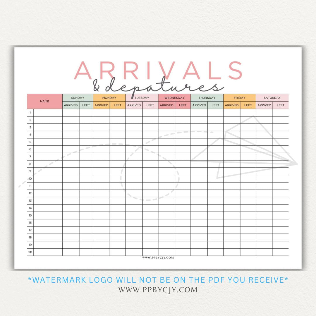 Arrival & Departure Printable PDF Template for Tracking Check-In and Check-Out Times