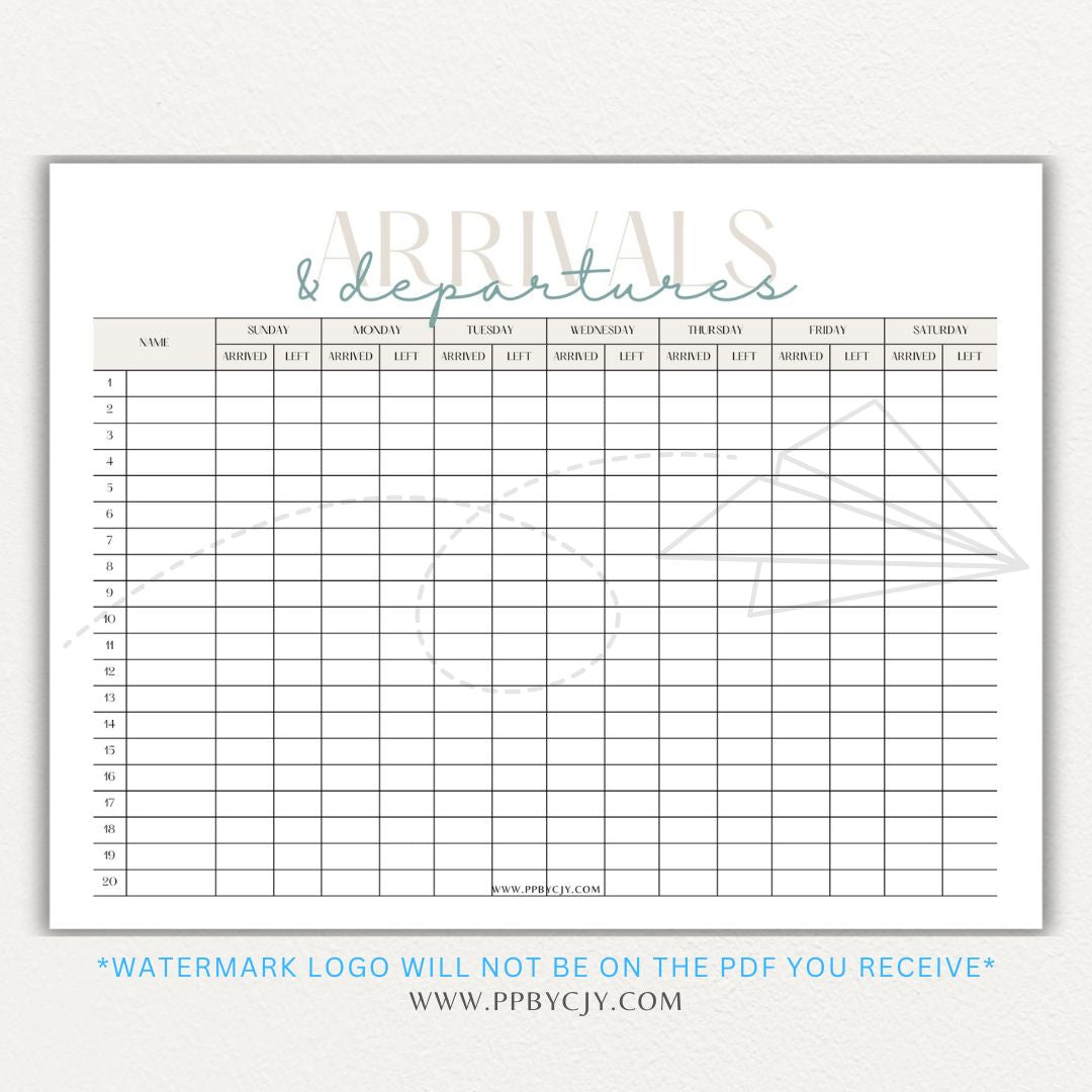 Arrival & Departure Printable PDF Template for Tracking Check-In and Check-Out Times