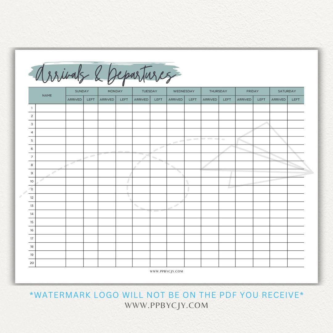 Arrival & Departure Printable PDF Template for Tracking Check-In and Check-Out Times
