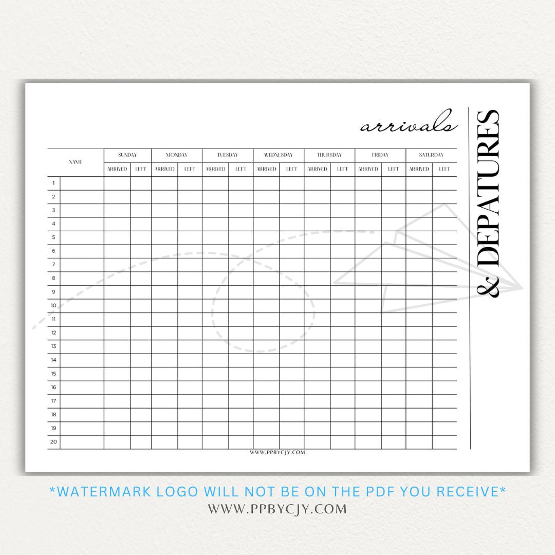 Arrival & Departure Printable PDF Template for Tracking Check-In and Check-Out Times
