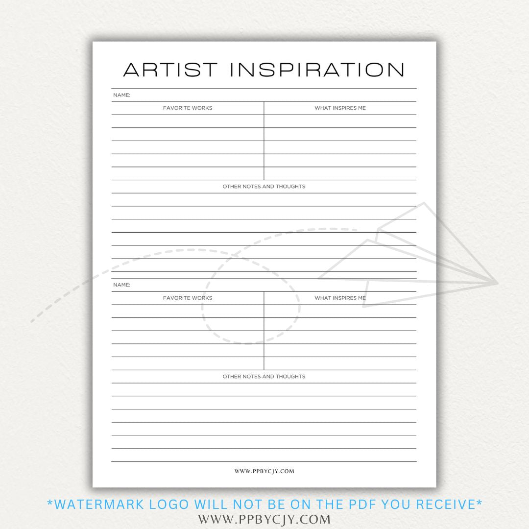 Artistic Inspirations Tracker Printable PDF Template for Recording Creative Ideas and Influences