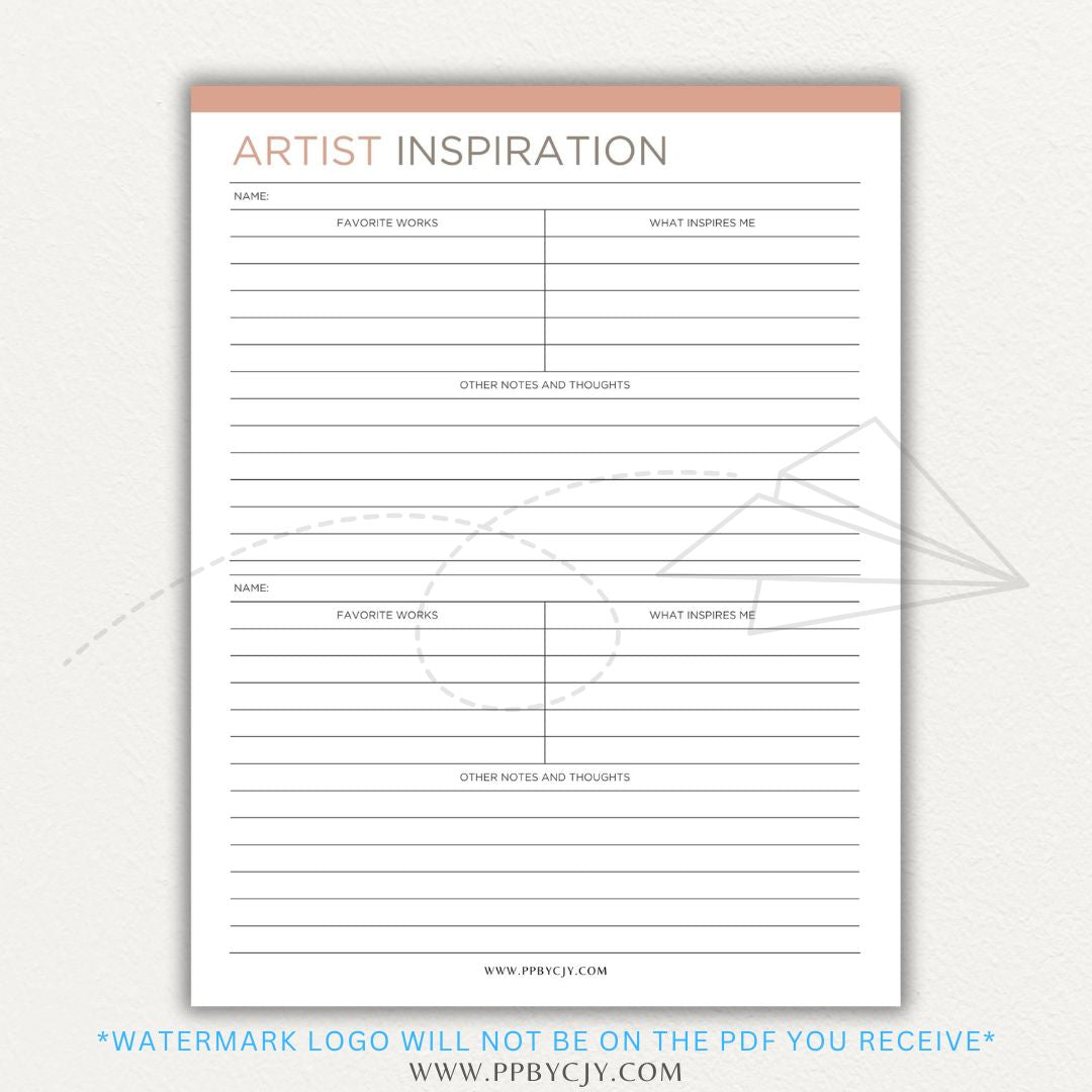 Artistic Inspirations Tracker Printable PDF Template for Recording Creative Ideas and Influences