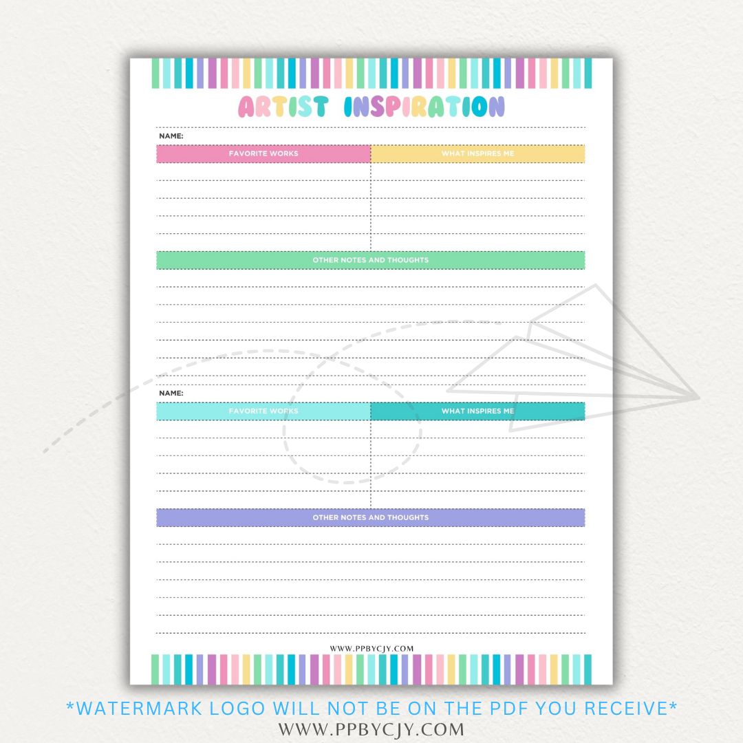 Artistic Inspirations Tracker Printable PDF Template for Recording Creative Ideas and Influences