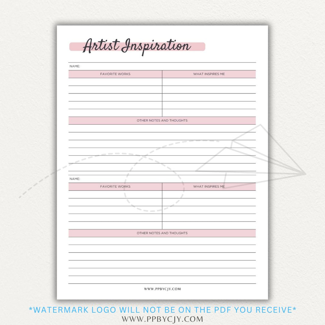 Artistic Inspirations Tracker Printable PDF Template for Recording Creative Ideas and Influences