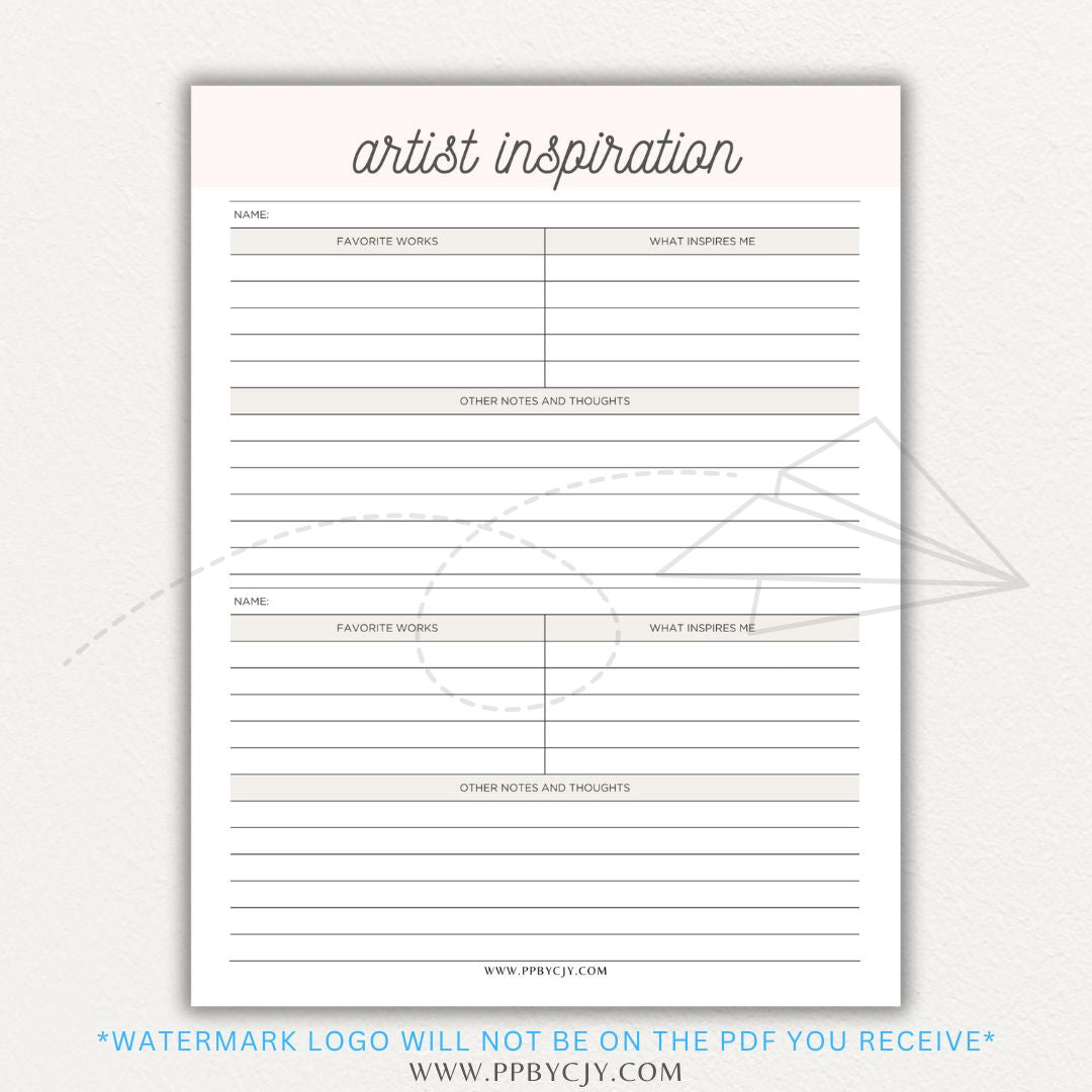 Artistic Inspirations Tracker Printable PDF Template for Recording Creative Ideas and Influences
