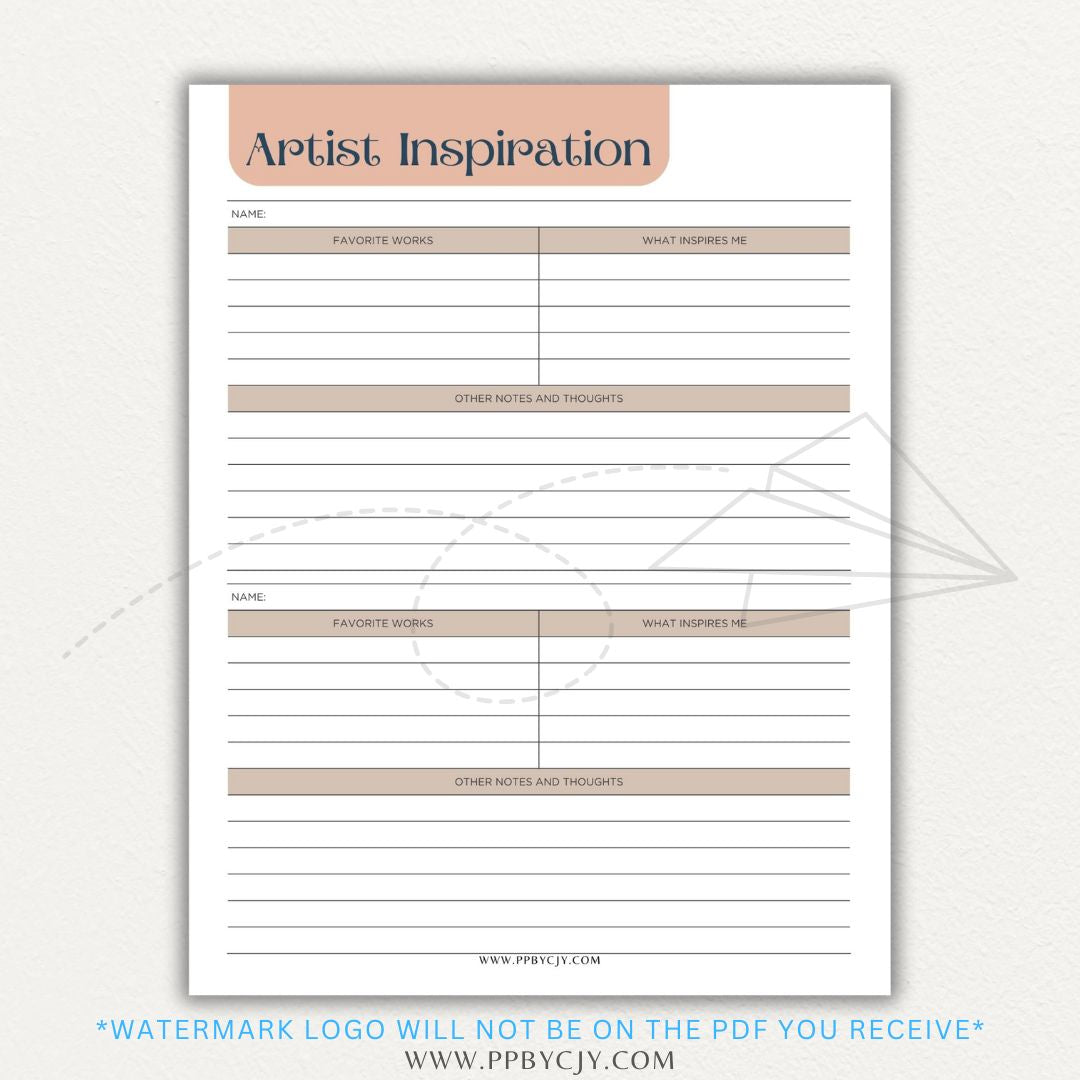 Artistic Inspirations Tracker Printable PDF Template for Recording Creative Ideas and Influences