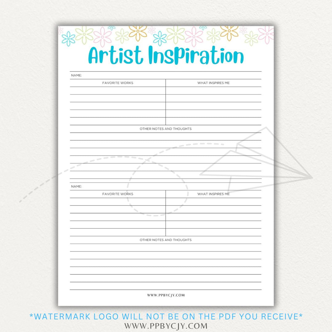 Artistic Inspirations Tracker Printable PDF Template for Recording Creative Ideas and Influences